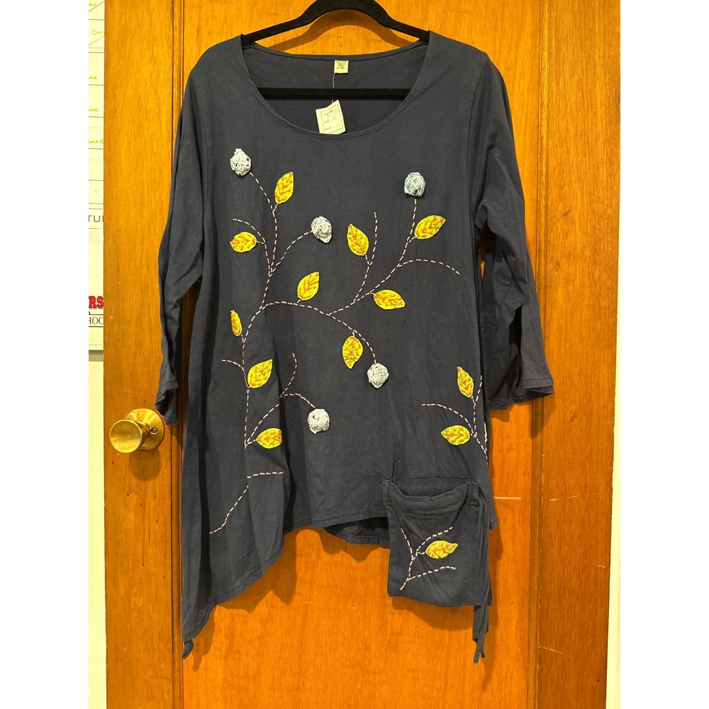 Tunic navy blue appliqué flowers made in Nepal‎ L/XL embroidered pocket cotton